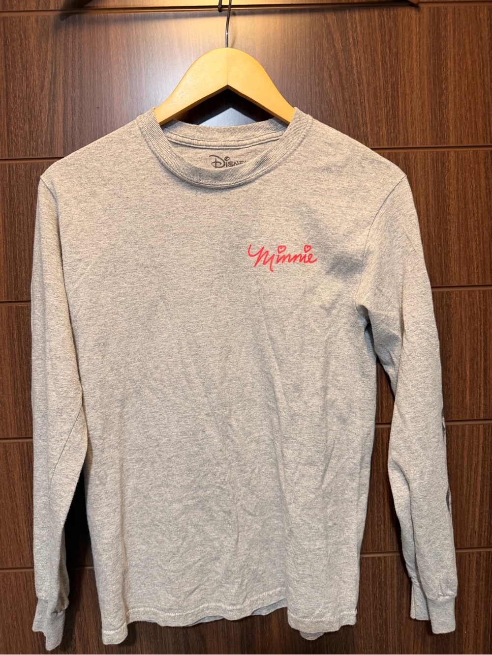 Disney Gray Long Sleeve Tee with Red Minnie Script